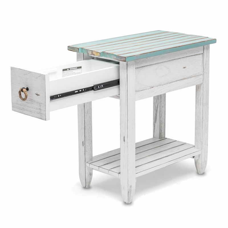 Sea Wind Florida Picket Fence Wood Chairside Table with Drawer in White/Blue