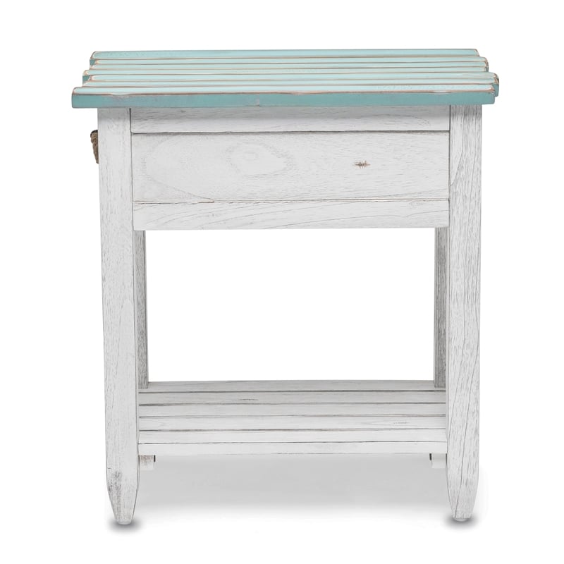 Sea Wind Florida Picket Fence Wood Chairside Table with Drawer in White/Blue