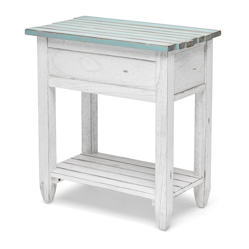 Sea Wind Florida Picket Fence Wood Chairside Table with Drawer in White/Blue
