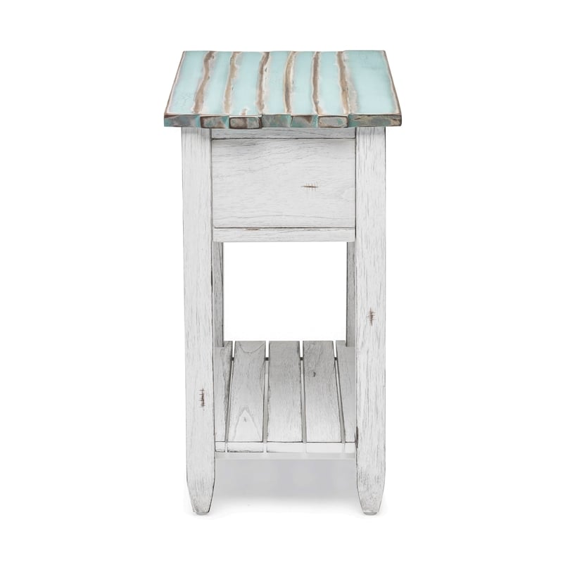 Sea Wind Florida Picket Fence Wood Chairside Table with Drawer in White/Blue