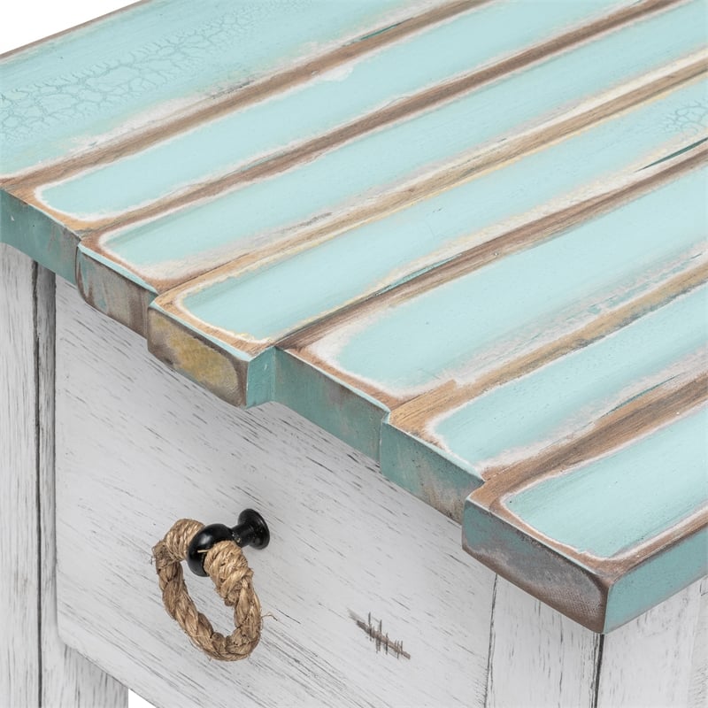 Sea Wind Florida Picket Fence Wood Chairside Table with Drawer in White/Blue