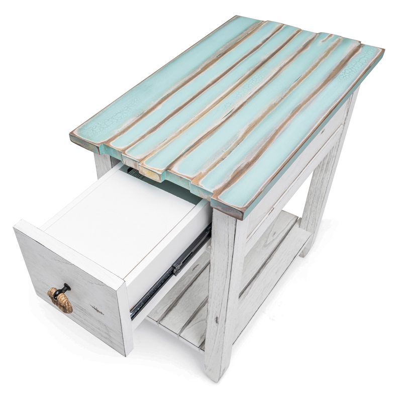 Sea Wind Florida Picket Fence Wood Chairside Table with Drawer in White/Blue