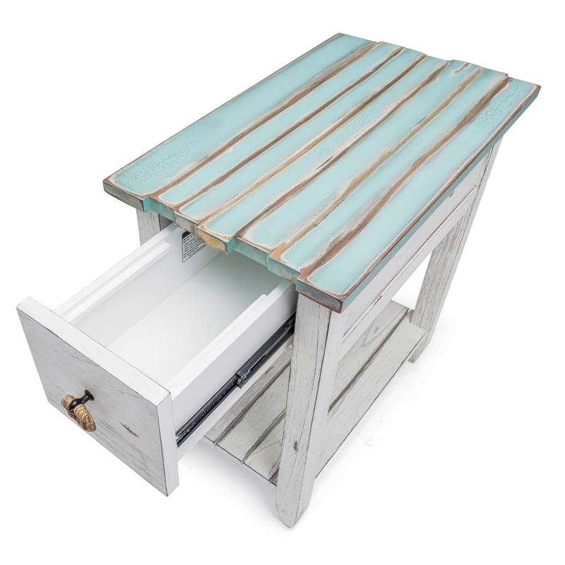 Sea Wind Florida Picket Fence Wood Chairside Table with Drawer in White/Blue