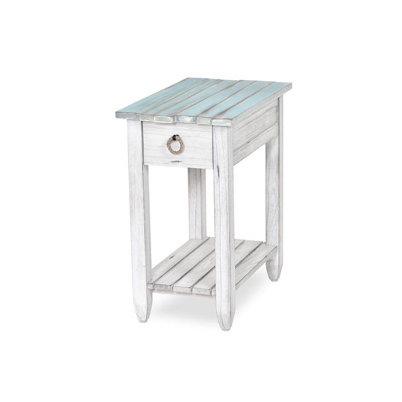 Sea Wind Florida Picket Fence Wood Chairside Table with Drawer in White/Blue