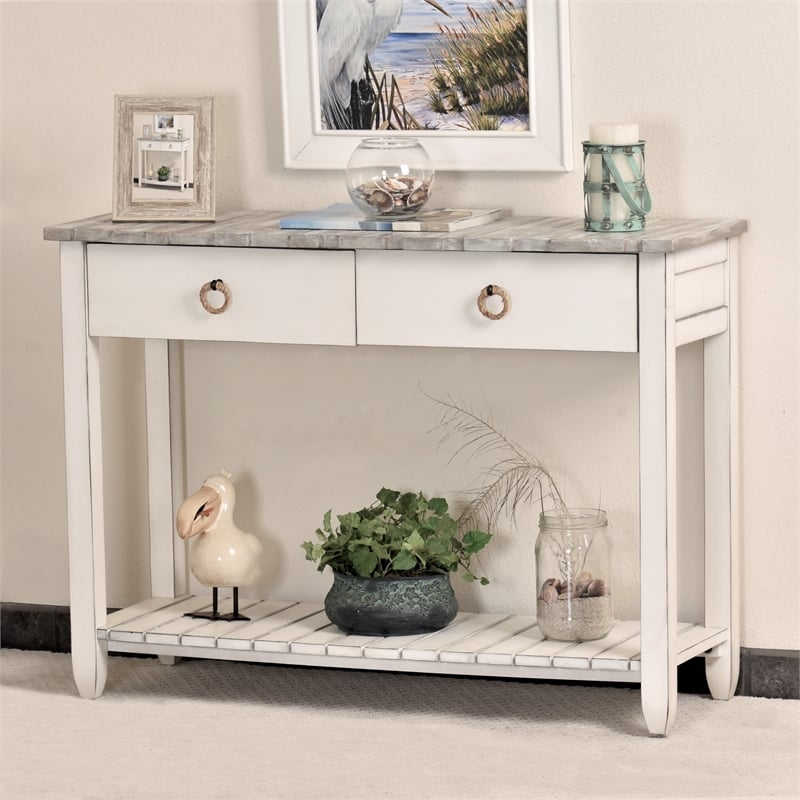 Sea Wind Florida Picket Fence Wood Console Table with Drawers in White/Gray