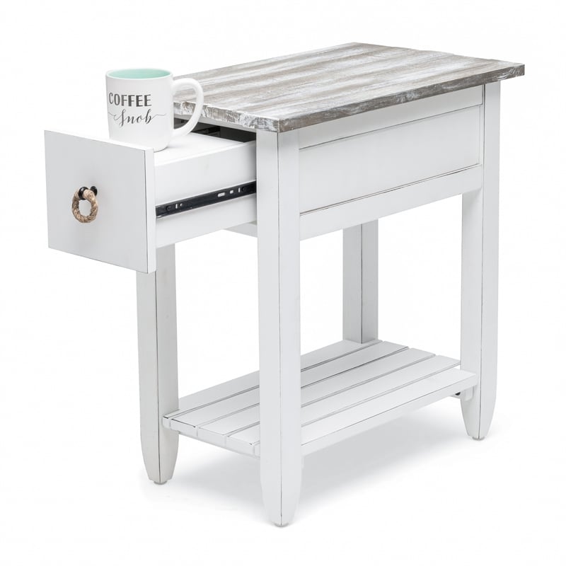 Sea Wind Florida Picket Fence Wood Chairside Table with Drawer in White/Gray