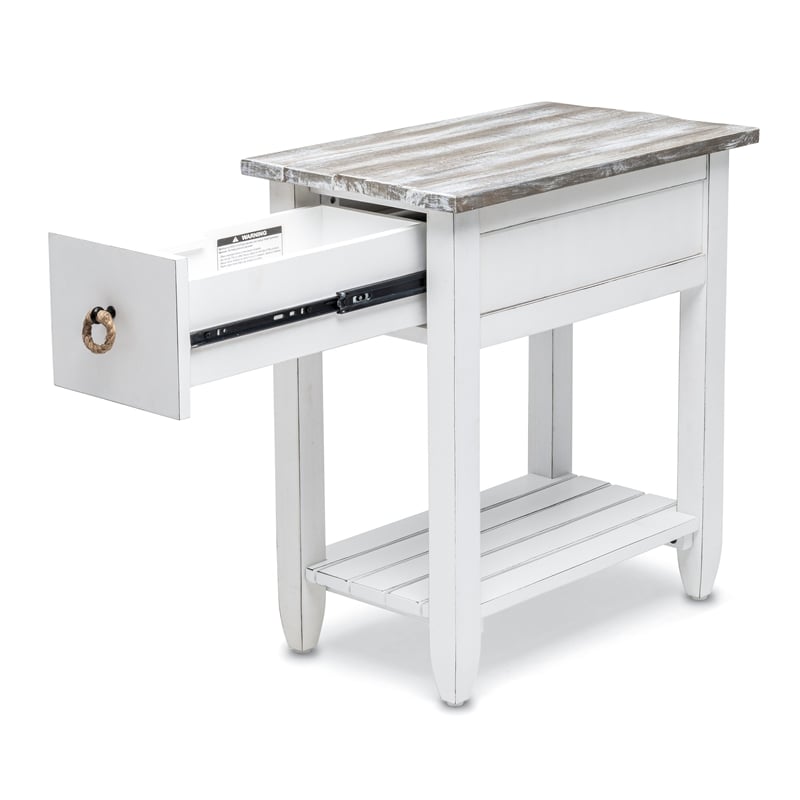 Sea Wind Florida Picket Fence Wood Chairside Table with Drawer in White/Gray
