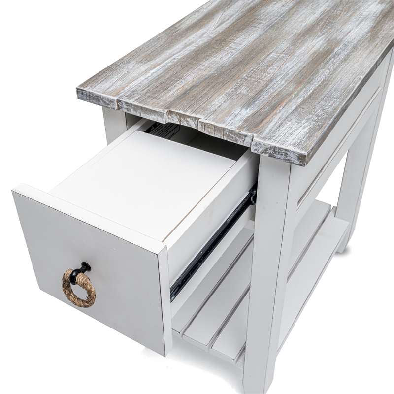 Sea Wind Florida Picket Fence Wood Chairside Table with Drawer in White/Gray