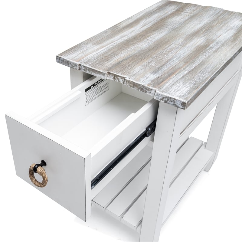 Sea Wind Florida Picket Fence Wood Chairside Table with Drawer in White/Gray