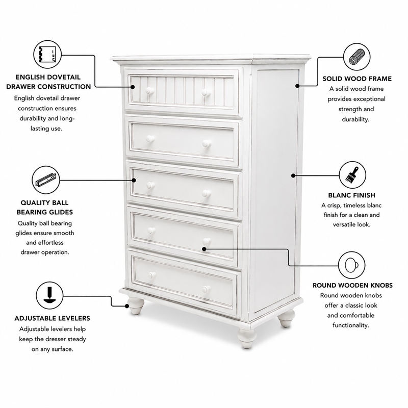 Sea Wind Florida Monaco Coastal Wood Chest with 5 Drawers in White