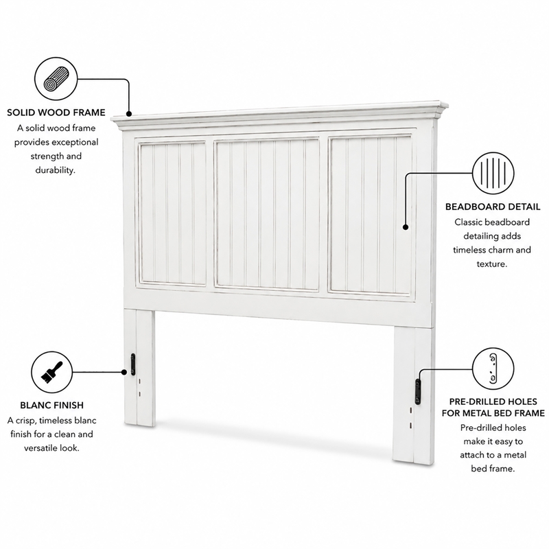 Sea Wind Florida Monaco Coastal Solid Wood Queen Headboard in White