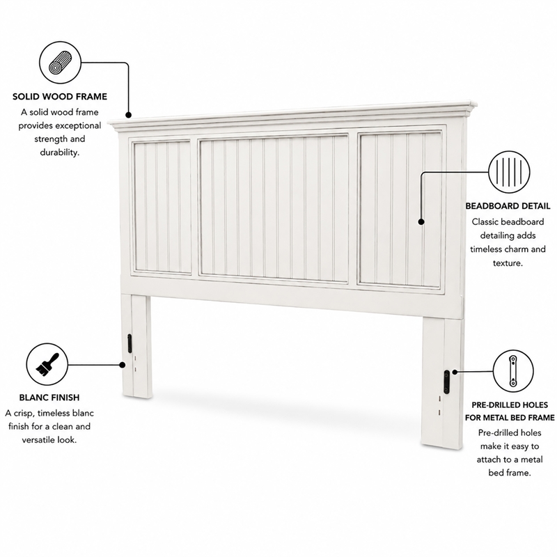 Sea Wind Florida Monaco Coastal Solid Wood King Headboard in White