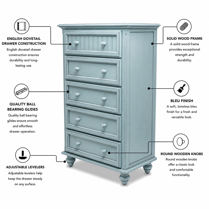 Sea Wind Florida Monaco Coastal Wood Chest with 5 Drawers in Blue