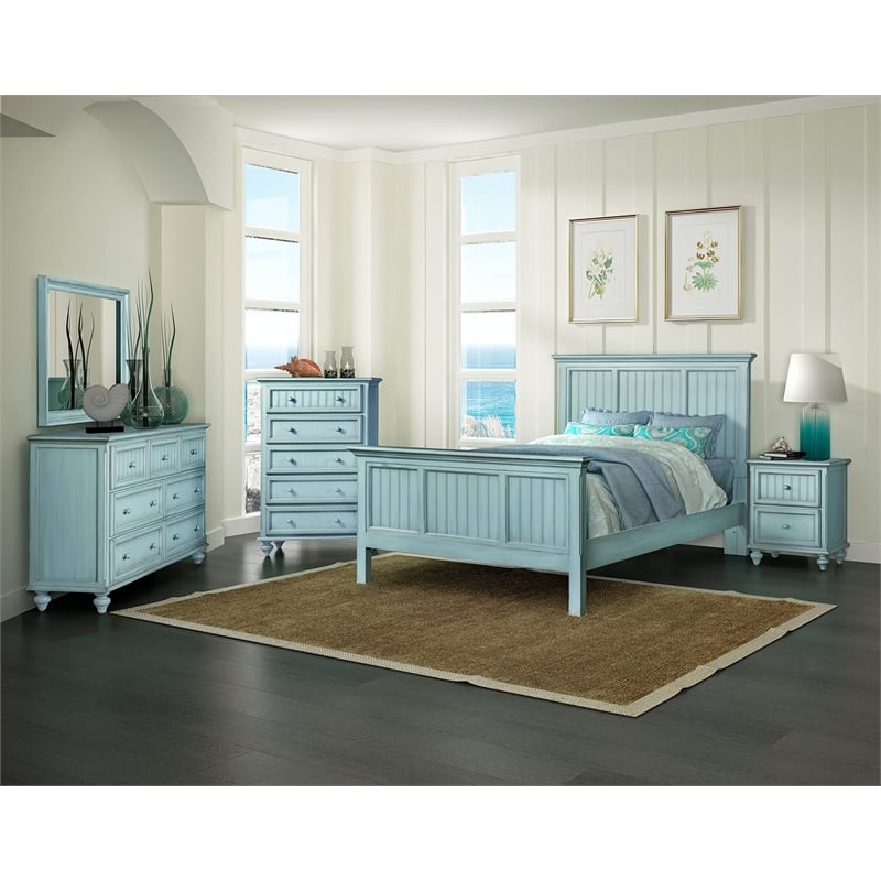 Sea Wind Florida Monaco Coastal Wood King Size Panel Bed in Blue