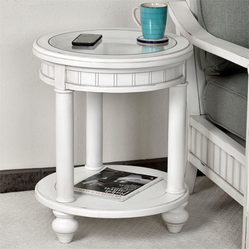 Sea Wind Florida Monaco Round Wood End Table with Glass Top in White