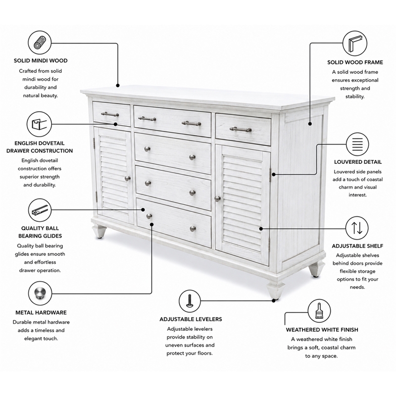 Sea Wind Florida Surfside Wood Dresser with 6 Drawers in White