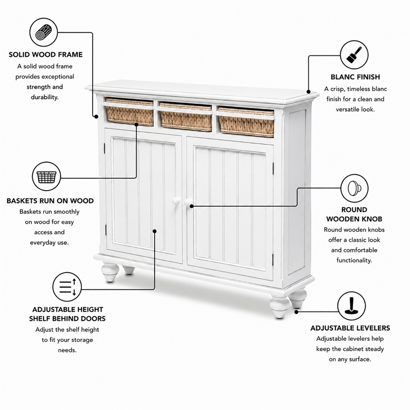 sea wind florida monaco 2-door wood entry cabinet with baskets in white