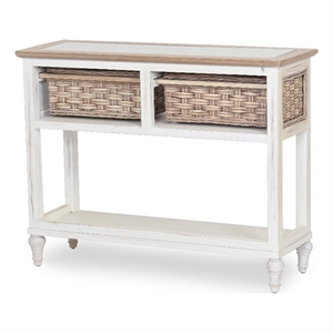 sea wind florida island breeze wood console table with 2 baskets in white/brown