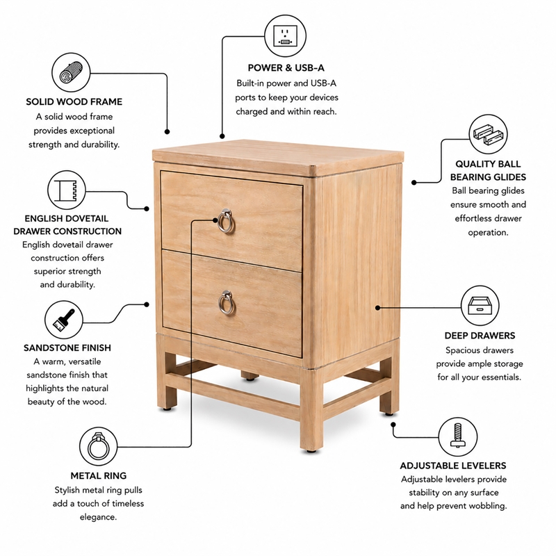 Monterey Solid Wood Tan Coastal Modern 2 Drawer Nightstand - Home Accent