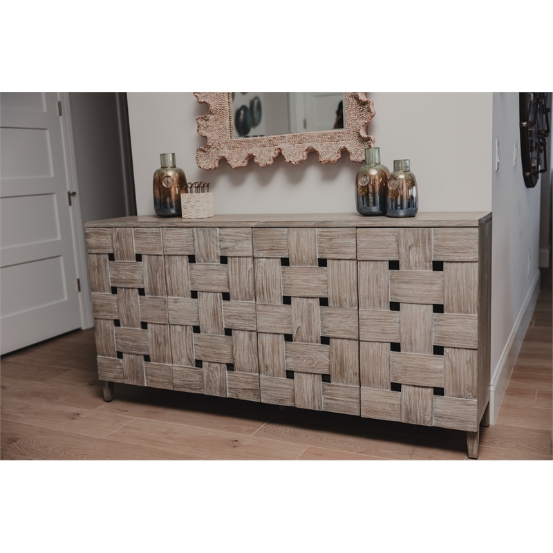 Sea Winds Trading Wooden Weave 4-Door Credenza in Grey Wash