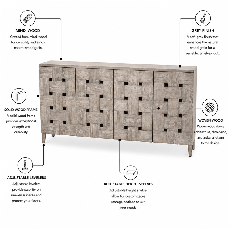 Sea Winds Trading Wooden Weave 4-Door Credenza in Grey Wash - Brown