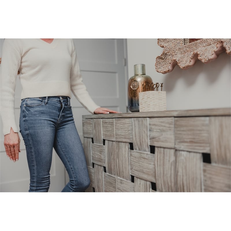 Sea Winds Trading Wooden Weave 4-Door Credenza in Grey Wash