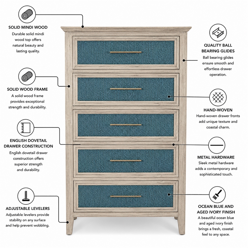 Sea Winds Trading Ocean Isles 5 Drawer Woven Chest in Blue & Aged - Wood