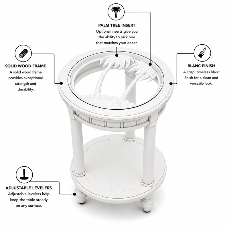 Sea Winds Trading Monaco Round End Table with Palms Insert in White - Wood