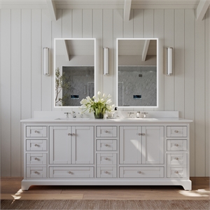 Audrey 84 in. Bath Vanity Set in White with White Quartz Top with Brushed Nickel