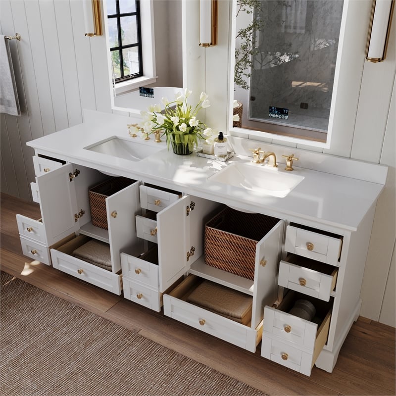 Audrey 84 in. Bath Vanity Set in White with White Quartz Top with Brushed Gold