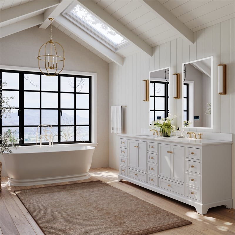 Audrey 84 in. Bath Vanity Set in White with White Quartz Top with Brushed Gold