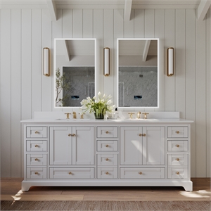 Audrey 84 in. Bath Vanity Set in White with White Quartz Top with Brushed Gold