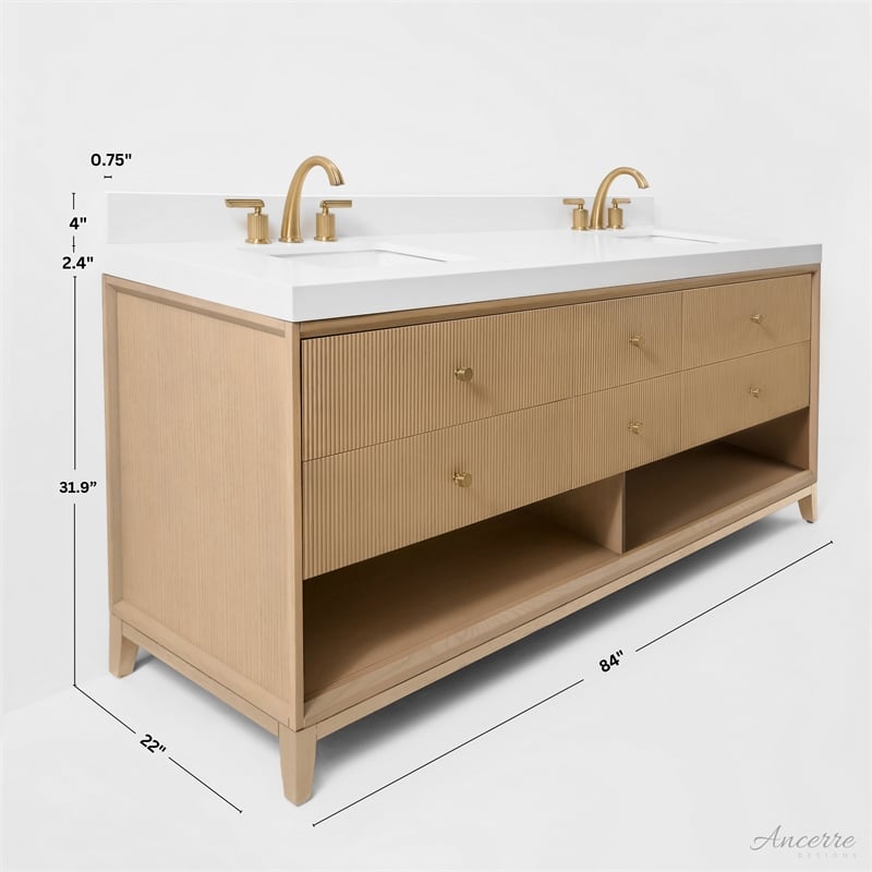 Momo 84 in. Bath Vanity in Oak finish with White Quartz Top and Undermount Basin