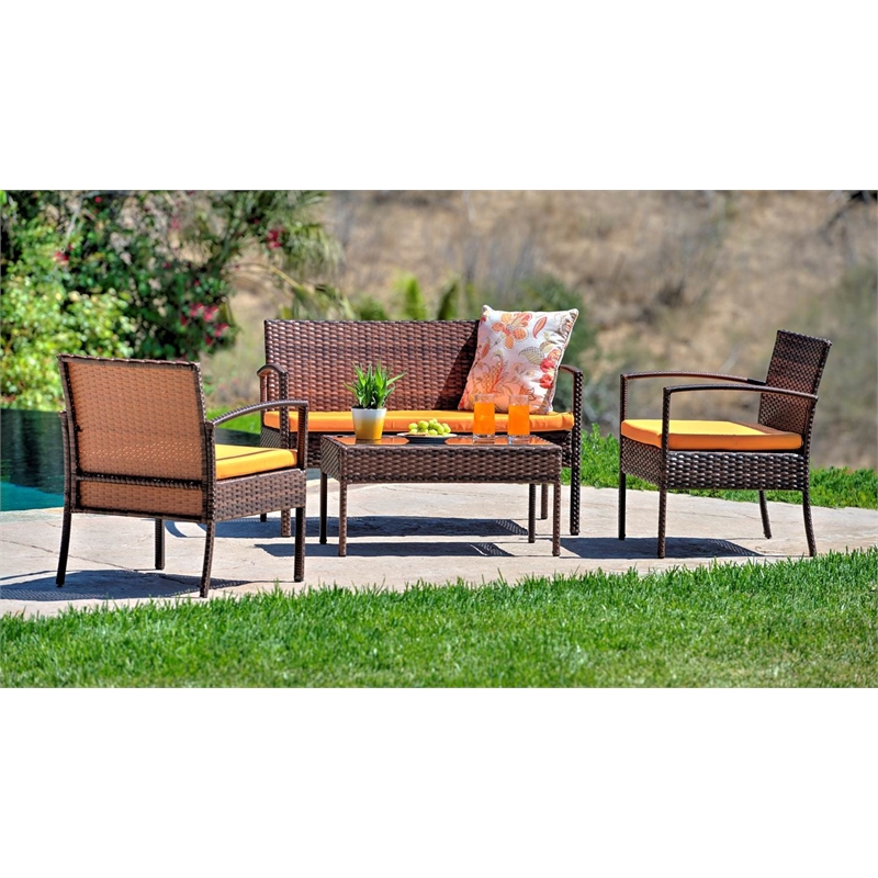 Teaset 4 Piece Outdoor Patio Bistro Conversation Set in Brown/Orange