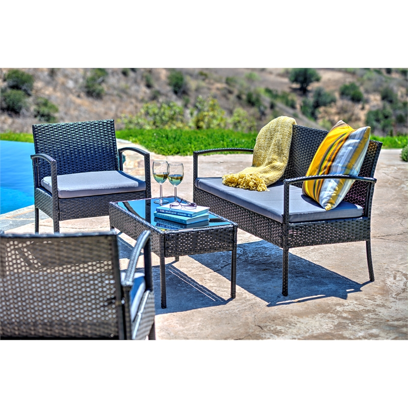 Carlyssa 4 Piece Wicker Outdoor Conversation Set with Gray Cushions by Thy-Hom