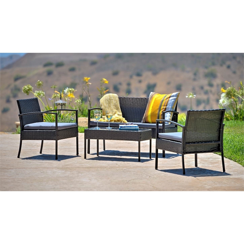 Carlyssa 4 Piece Wicker Outdoor Conversation Set with Gray Cushions by Thy-Hom