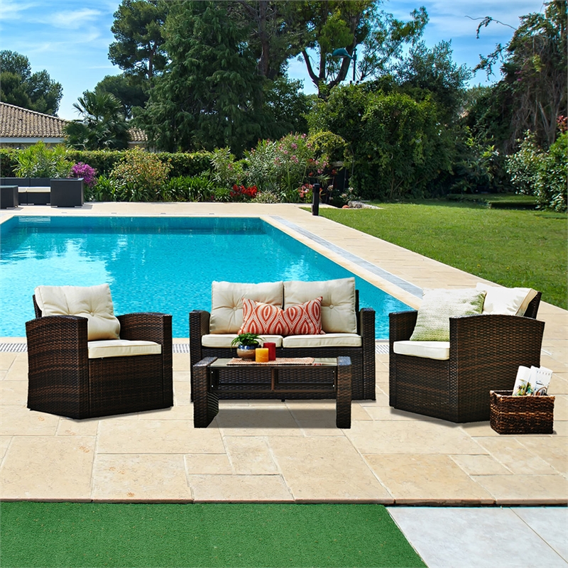 Rawtenstall 4 Piece Wicker Outdoor Conversation Group in Beige by Thy-Hom
