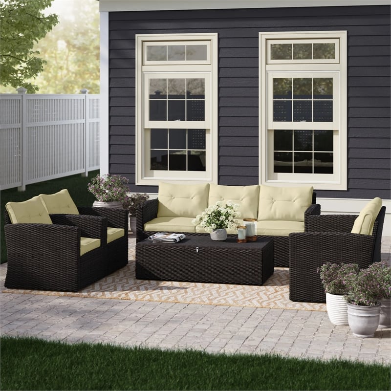 Thy-Hom Arlington Outdoor Brown Wicker Furniture Set Beige Cushions