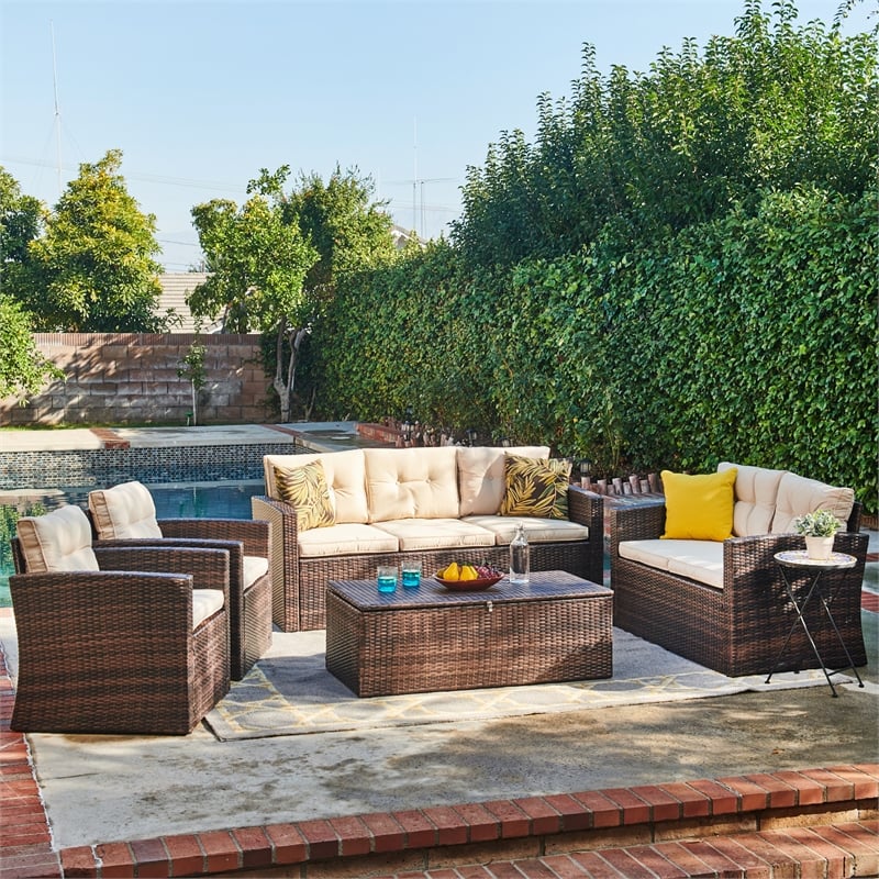 Thy-Hom Arlington Outdoor Brown Wicker Furniture Set Beige Cushions