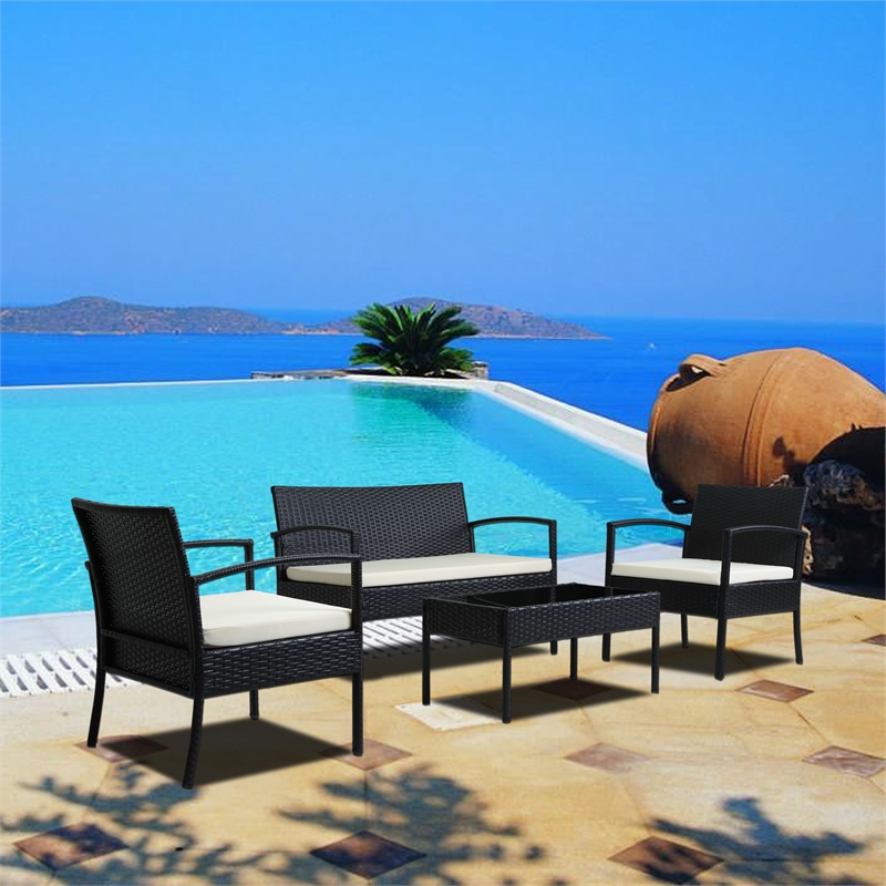 Thy-Hom Teaset 4 Piece Patio Bitro Set Outdoor Conversation Set in Black/Beige