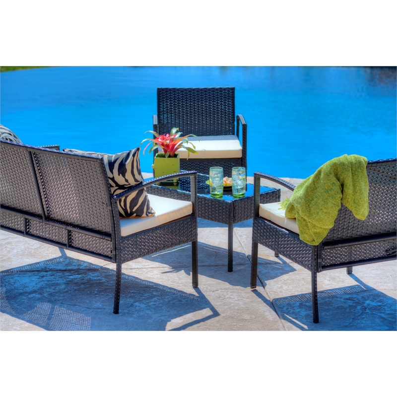 Thy-Hom Teaset 4 Piece Patio Bitro Set Outdoor Conversation Set in Black/Beige