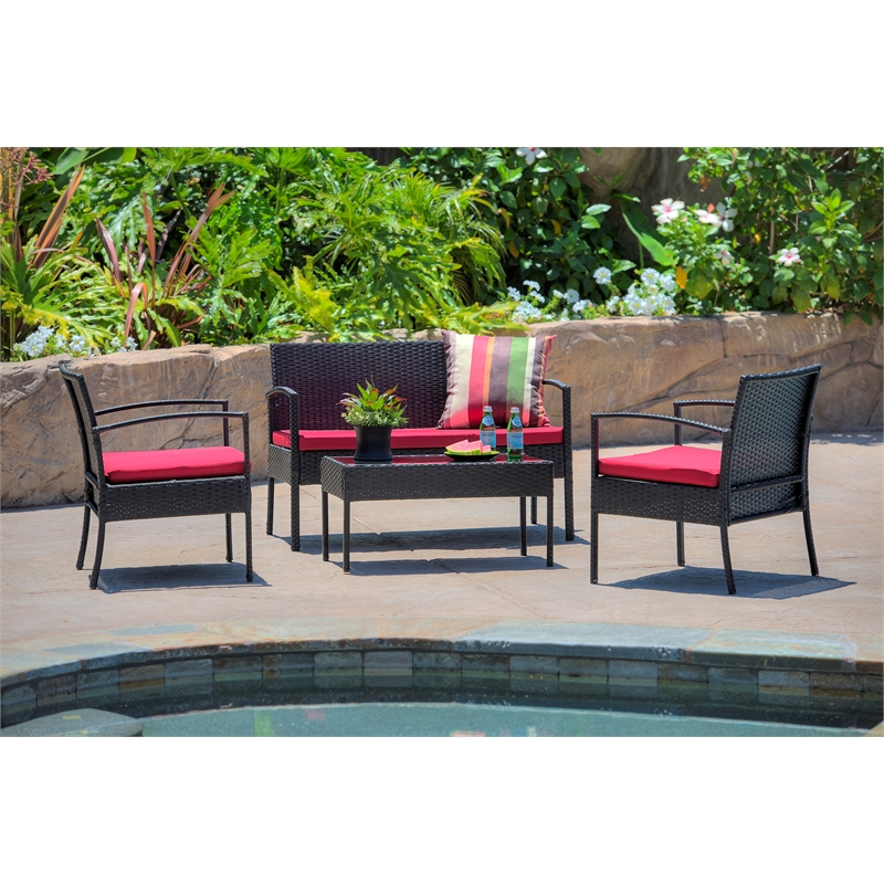 Thy-Hom Teaset 4 Piece Patio Bitro Set Outdoor Conversation Set in Black/Red