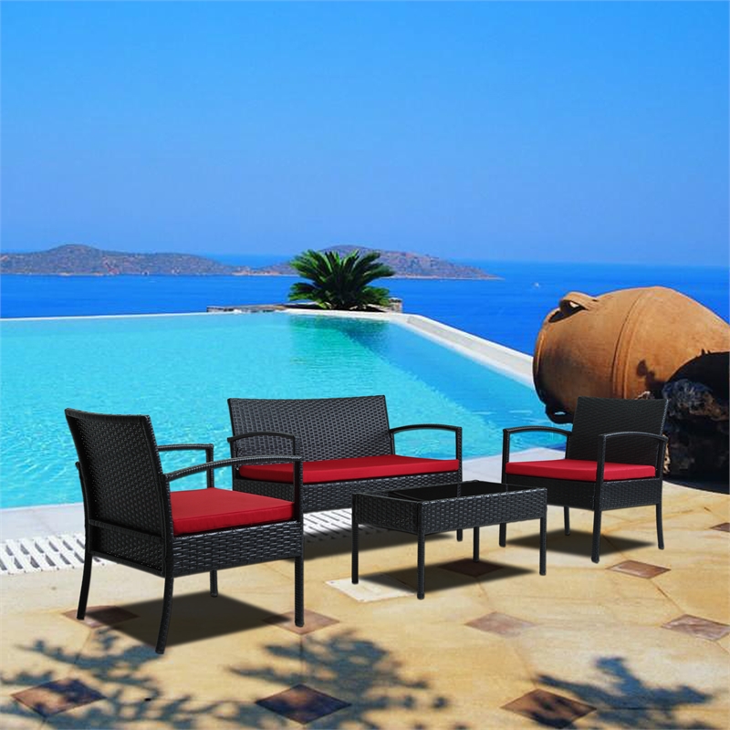 Thy-Hom Teaset 4 Piece Patio Bitro Set Outdoor Conversation Set in Black/Red