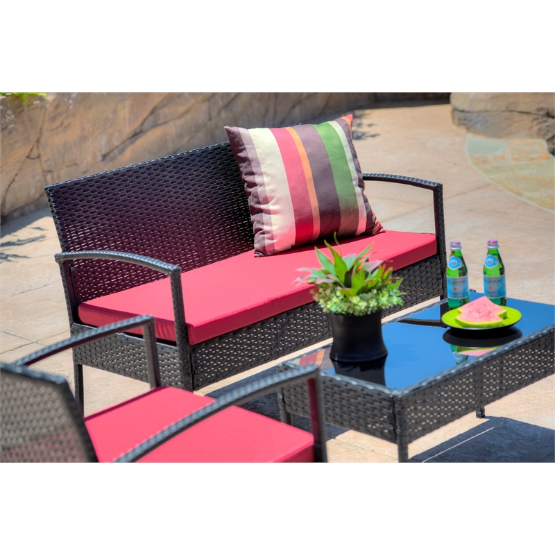 Thy-Hom Teaset 4 Piece Patio Bitro Set Outdoor Conversation Set in Black/Red