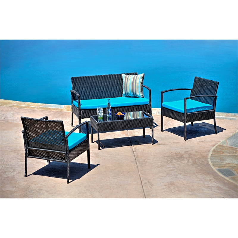 Teaset 4 Piece Patio Outdoor Conversation Set in Black/Blue by Thy-Hom