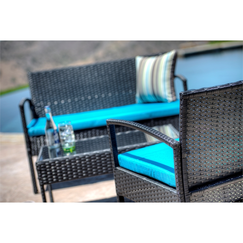 Teaset 4 Piece Patio Outdoor Conversation Set in Black/Blue by Thy-Hom