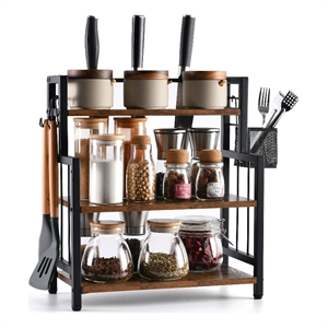 3-tier wooden spice organizer with wire basket