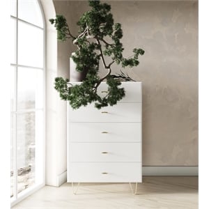 Limari Home Bryan MDF Wood and Metal 5 Drawers Bedroom Chest in White/Gold