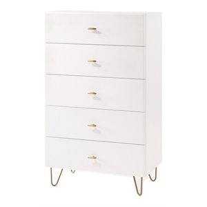 limari home bryan mdf wood and metal 5 drawers bedroom chest in white/gold
