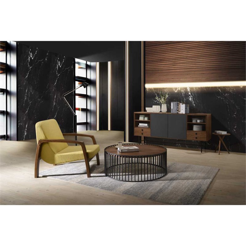 Limari Home Bronson Round Modern Metal and Veneer Coffee Table in Walnut/Black